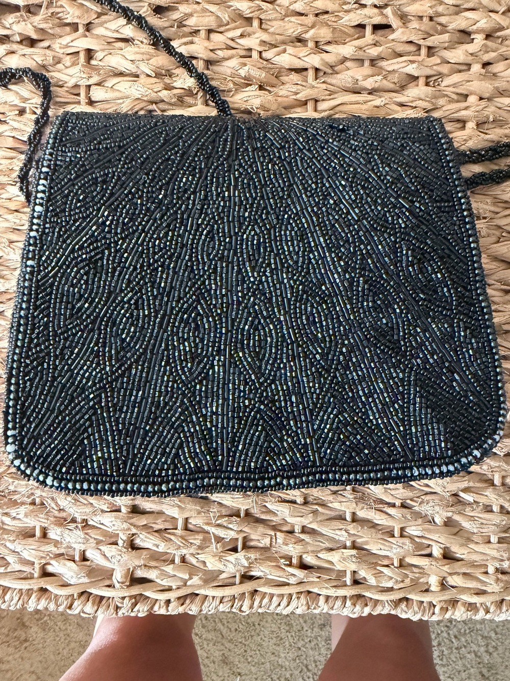 Vintage Black Beaded Clutch with Braided Strap